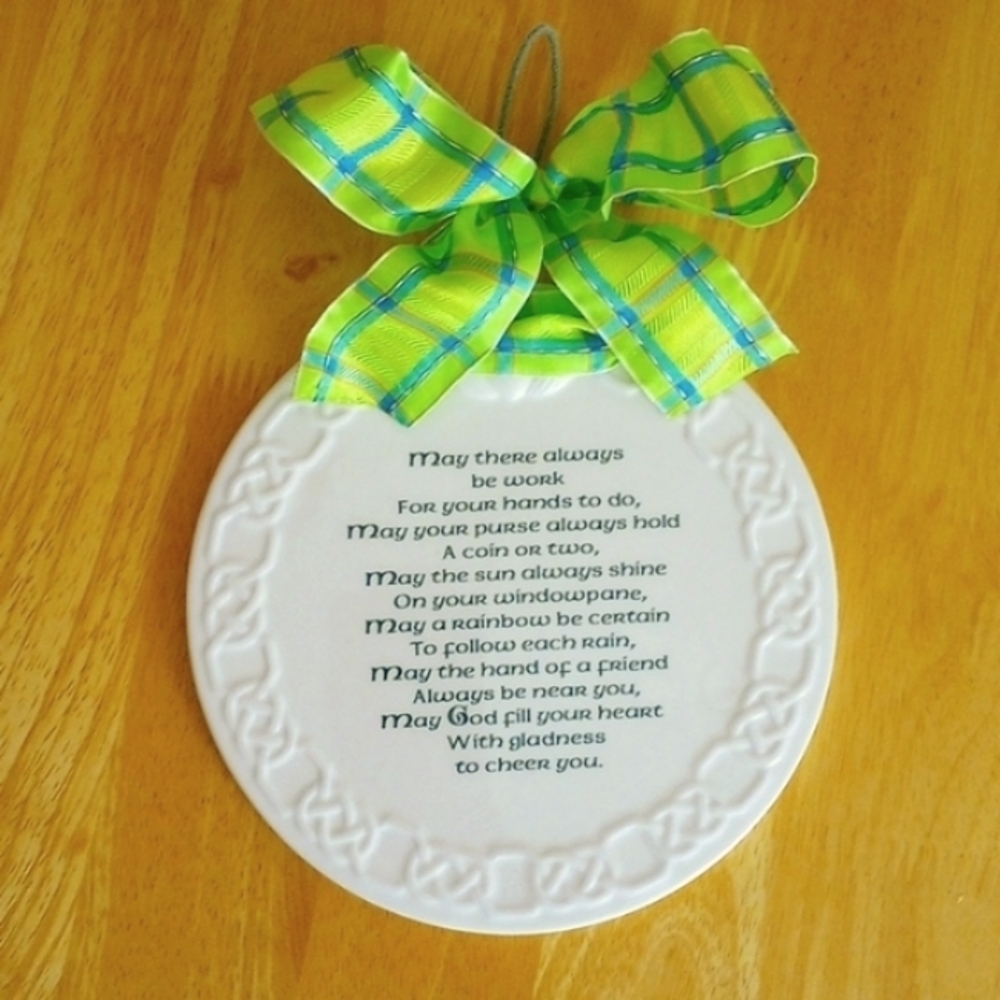 Irish Blessing Celtic Porcelain Plaque with green bow, to hang on wall